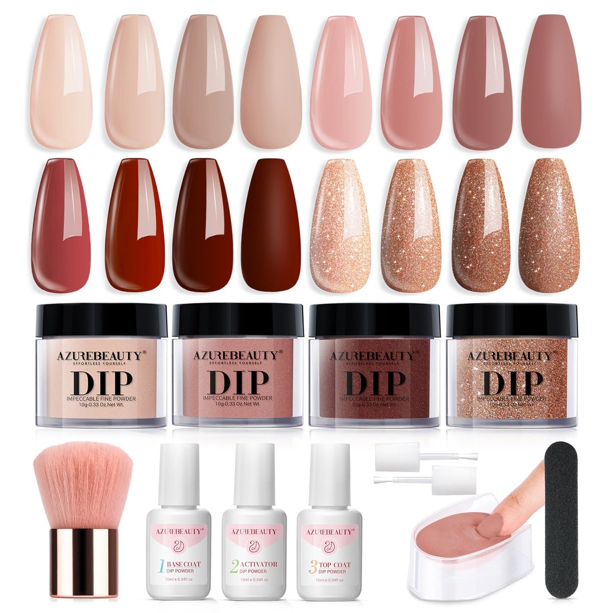 AZUREBEAUTY Dip Powder Nail Set Starter, 4 Farben Nude Braun Glitzer, Dipping Powder Liquid Set mit Base/Top Coat und Aktivator für tägliche French Nail Art Maniküre DIY Geschenk 12-teilig