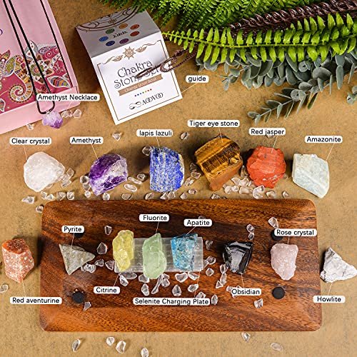 AOOVOO 17-teiliges Kristall- und Heilstein-Set: 14 echte Roh-Chakra-Steine, Selenit-Ladeplatte, Amethyst-Halskette, Rosenquarz – Geschenkbox mit Anleitung für Anfänger, Meditation, Yoga