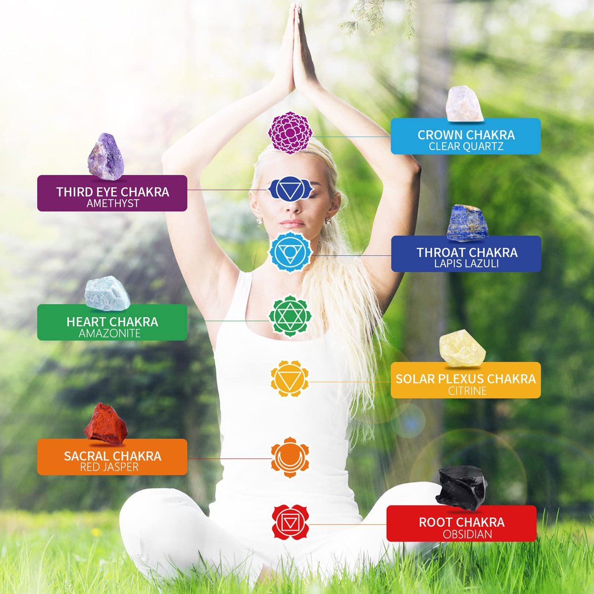 AOOVOO 17-teiliges Kristall- und Heilstein-Set: 14 echte Roh-Chakra-Steine, Selenit-Ladeplatte, Amethyst-Halskette, Rosenquarz – Geschenkbox mit Anleitung für Anfänger, Meditation, Yoga