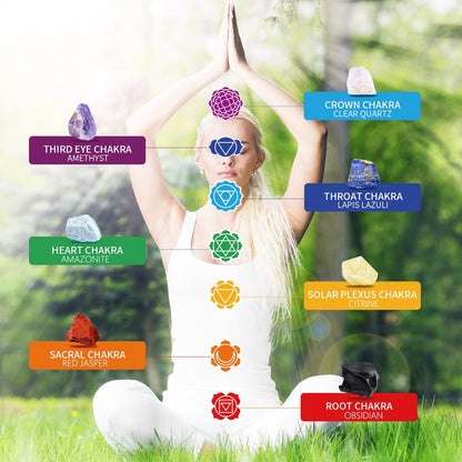 AOOVOO 17-teiliges Kristall- und Heilstein-Set: 14 echte Roh-Chakra-Steine, Selenit-Ladeplatte, Amethyst-Halskette, Rosenquarz – Geschenkbox mit Anleitung für Anfänger, Meditation, Yoga