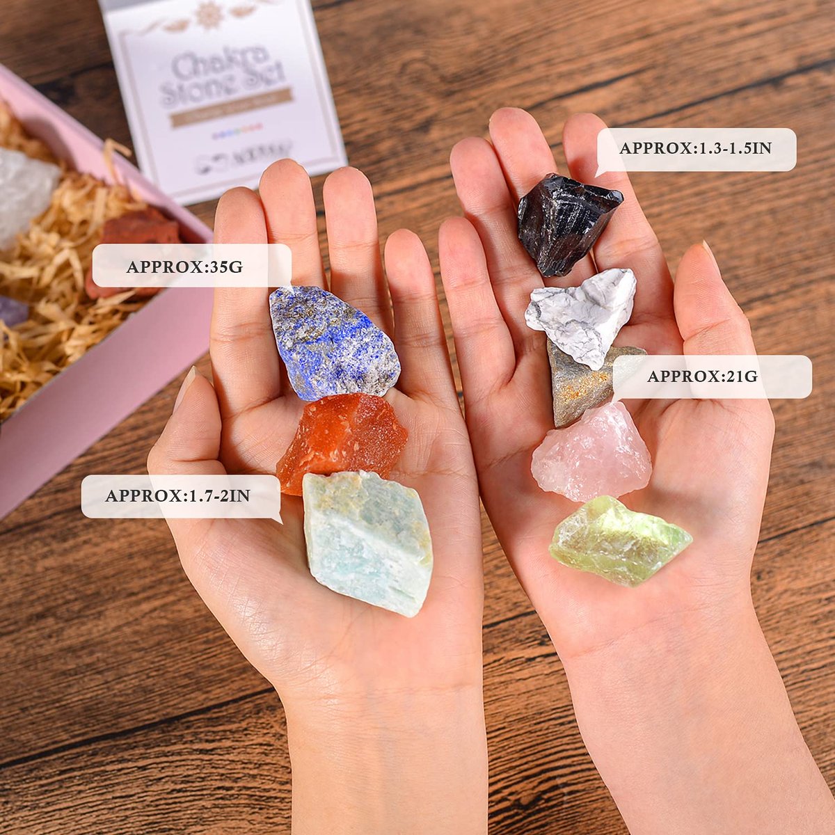 AOOVOO 17-teiliges Kristall- und Heilstein-Set: 14 echte Roh-Chakra-Steine, Selenit-Ladeplatte, Amethyst-Halskette, Rosenquarz – Geschenkbox mit Anleitung für Anfänger, Meditation, Yoga