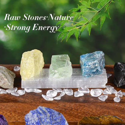 AOOVOO 17-teiliges Kristall- und Heilstein-Set: 14 echte Roh-Chakra-Steine, Selenit-Ladeplatte, Amethyst-Halskette, Rosenquarz – Geschenkbox mit Anleitung für Anfänger, Meditation, Yoga