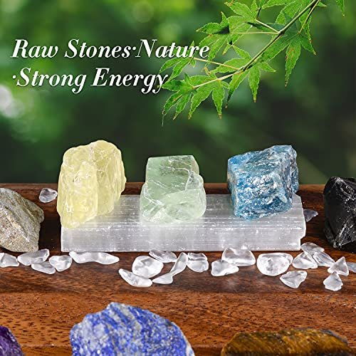 AOOVOO 17-teiliges Kristall- und Heilstein-Set: 14 echte Roh-Chakra-Steine, Selenit-Ladeplatte, Amethyst-Halskette, Rosenquarz – Geschenkbox mit Anleitung für Anfänger, Meditation, Yoga