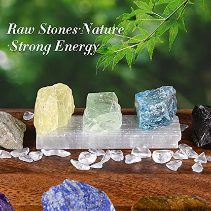 AOOVOO 17-teiliges Kristall- und Heilstein-Set: 14 echte Roh-Chakra-Steine, Selenit-Ladeplatte, Amethyst-Halskette, Rosenquarz – Geschenkbox mit Anleitung für Anfänger, Meditation, Yoga