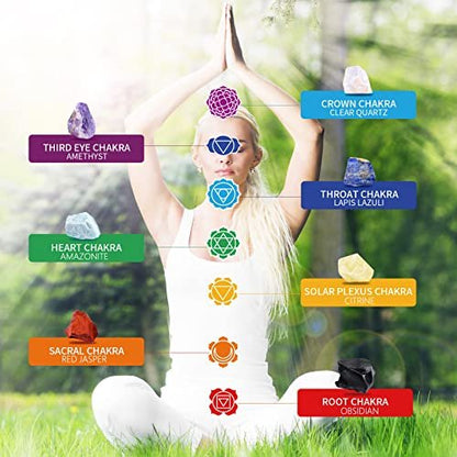 AOOVOO 17-teiliges Kristall- und Heilstein-Set: 14 echte Roh-Chakra-Steine, Selenit-Ladeplatte, Amethyst-Halskette, Rosenquarz – Geschenkbox mit Anleitung für Anfänger, Meditation, Yoga