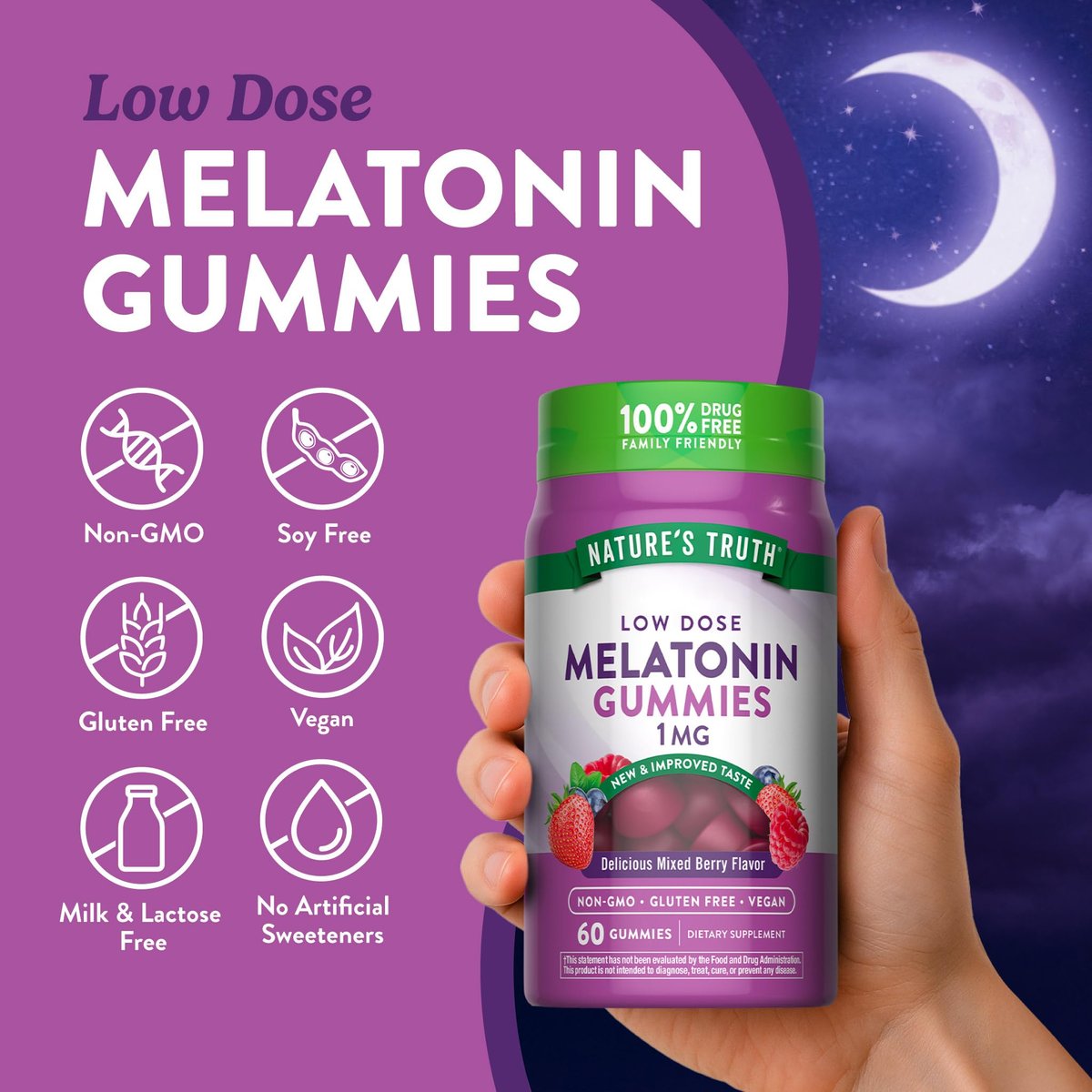 Nature's Truth Melatonin Gummis | 1 mg | 60 Stück | gemischter Beerengeschmack | Vegan, Non-GMO & Glutenfrei