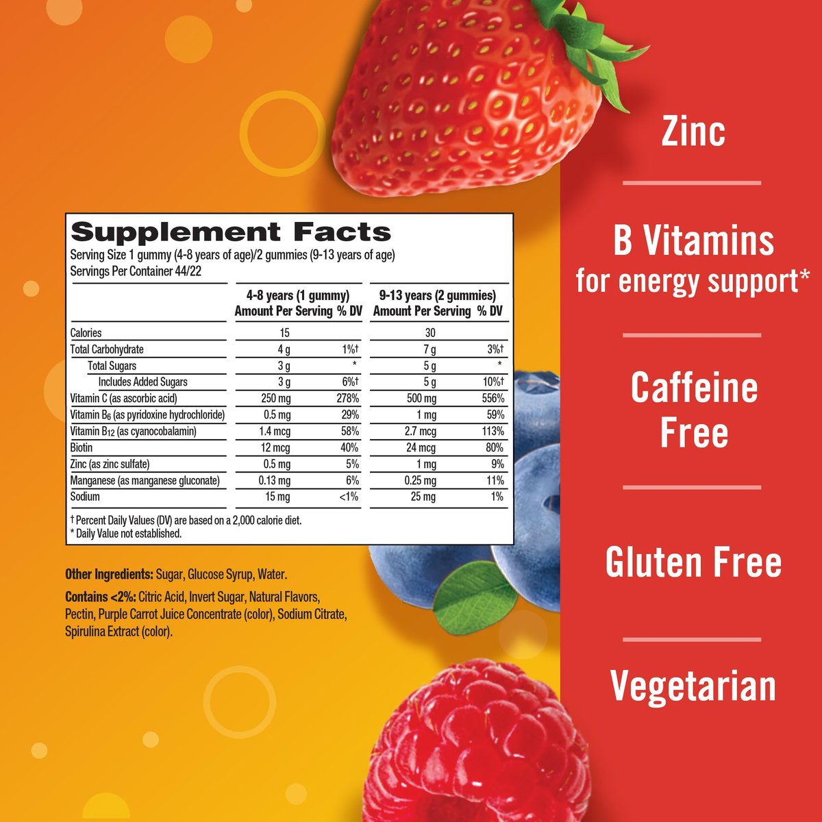 Emergen-C Kidz Daily Immune Support Gummis mit Vitamin C und B-Vitaminen, Berry Bash Geschmack, 44 Stück