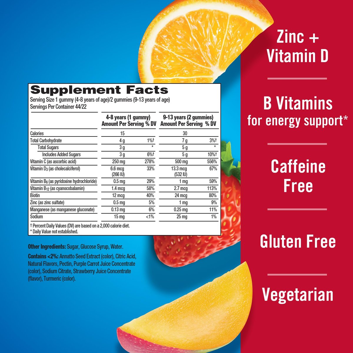 Emergen-C Kidz Immunstärkende Gummibärchen mit Vitamin C, Zink, Mangan, B-Vitaminen & Vitamin D – 44 Stück – Fruchtgeschmack