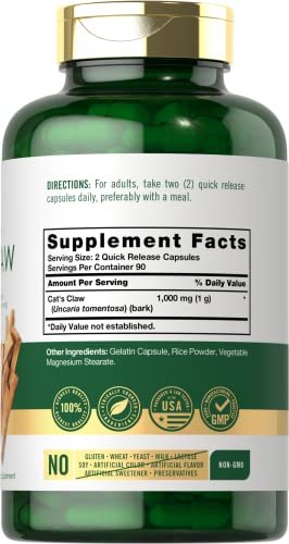 Carlyle Katzenkralle Kapseln 1000 mg | 180 Stück | Uncaria Tomentosa | Non-GMO, Glutenfrei