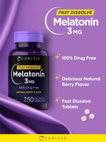 Carlyle Melatonin 3 mg Lutschtabletten zum schnellen Zerfall | 250 Tabletten | Niedrige Dosis & vegan, nicht-GVO, glutenfrei