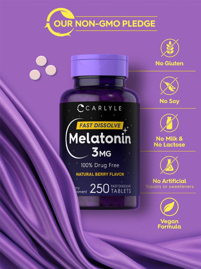 Carlyle Melatonin 3 mg Lutschtabletten zum schnellen Zerfall | 250 Tabletten | Niedrige Dosis & vegan, nicht-GVO, glutenfrei