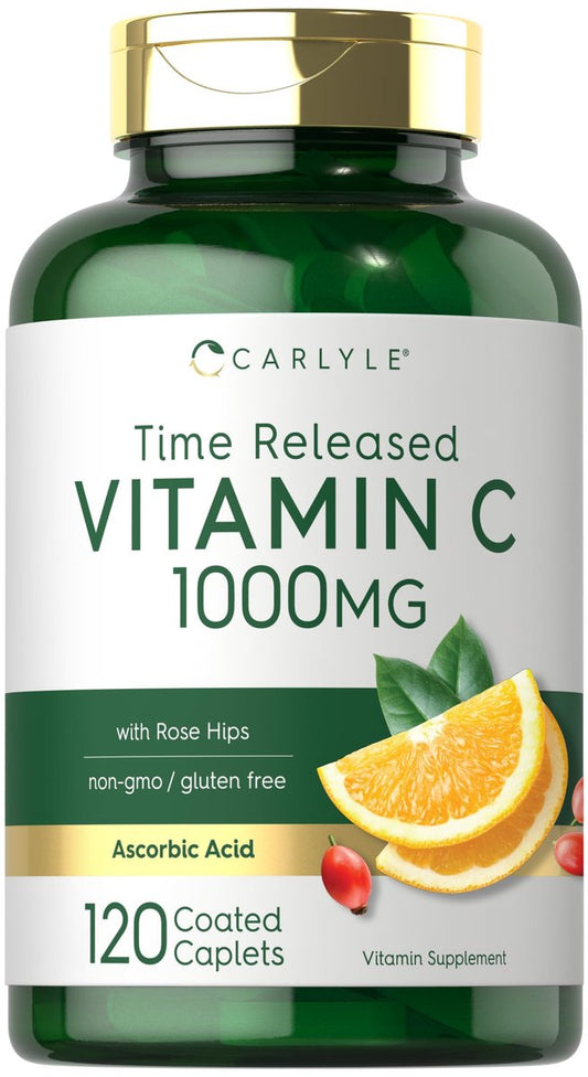 Carlyle Vitamin C 1000 mg mit Hagebutte – Zeitverzögerte Freisetzung, 120 vegetarische Kapseln, Nicht-GVO & Glutenfrei