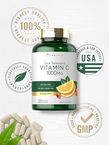 Carlyle Vitamin C 1000 mg mit Hagebutte – Zeitverzögerte Freisetzung, 120 vegetarische Kapseln, Nicht-GVO & Glutenfrei