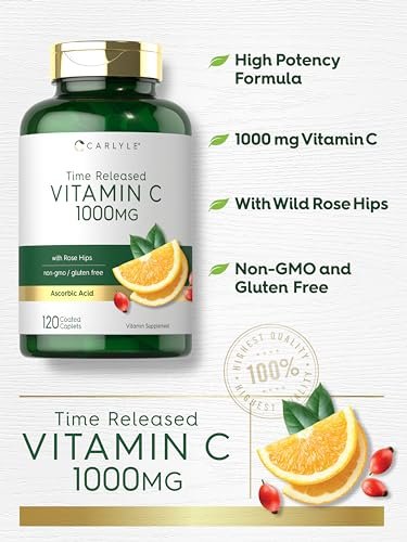 Carlyle Vitamin C 1000 mg mit Hagebutte – Zeitverzögerte Freisetzung, 120 vegetarische Kapseln, Nicht-GVO & Glutenfrei