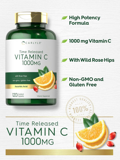 Carlyle Vitamin C 1000 mg mit Hagebutte – Zeitverzögerte Freisetzung, 120 vegetarische Kapseln, Nicht-GVO & Glutenfrei