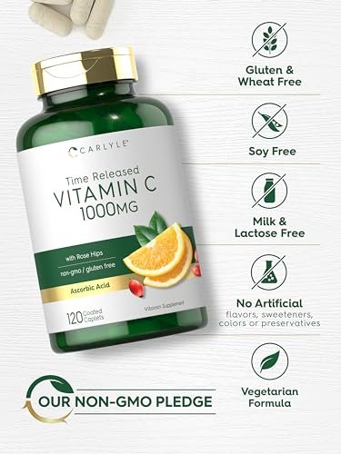 Carlyle Vitamin C 1000 mg mit Hagebutte – Zeitverzögerte Freisetzung, 120 vegetarische Kapseln, Nicht-GVO & Glutenfrei