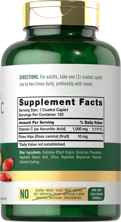 Carlyle Vitamin C 1000 mg mit Hagebutte – Zeitverzögerte Freisetzung, 120 vegetarische Kapseln, Nicht-GVO & Glutenfrei