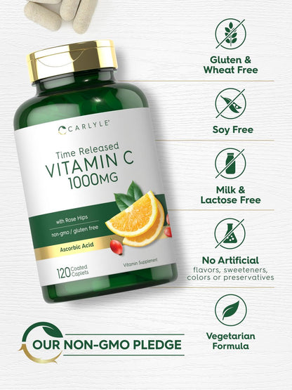Carlyle Vitamin C 1000 mg mit Hagebutte – Zeitverzögerte Freisetzung, 120 vegetarische Kapseln, Nicht-GVO & Glutenfrei