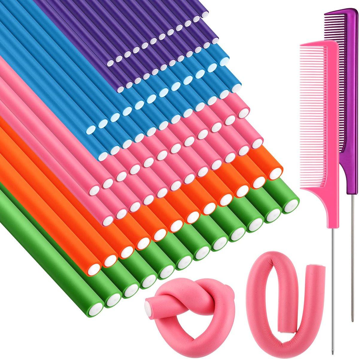 Tigeen 96-teilige flexible Lockenstäbe 24 cm weiche Schaumstoff-Lockenwickler ohne Hitze mit 2 Stück Rattenkamm-Stahlkamm für Frauen (Mehrere Größen, Mehrfarbig)