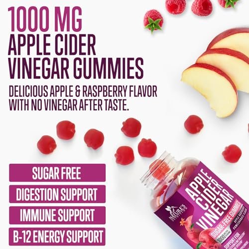 Apfelessig Gummibärchen 1000 mg pro Portion – Zuckerfreie ACV Gummis, max. Stärke, mit Vitamin B12 für Stoffwechsel & Energie, Keto-freundlich, vegan, 60 Gummis