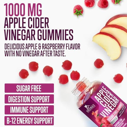 Apfelessig Gummibärchen 1000 mg pro Portion – Zuckerfreie ACV Gummis, max. Stärke, mit Vitamin B12 für Stoffwechsel & Energie, Keto-freundlich, vegan, 60 Gummis
