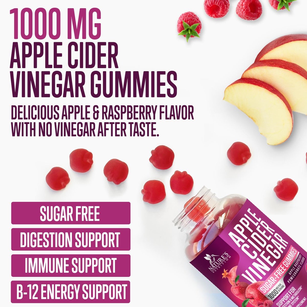 Apfelessig Gummibärchen 1000 mg pro Portion – Zuckerfreie ACV Gummis, max. Stärke, mit Vitamin B12 für Stoffwechsel & Energie, Keto-freundlich, vegan, 60 Gummis