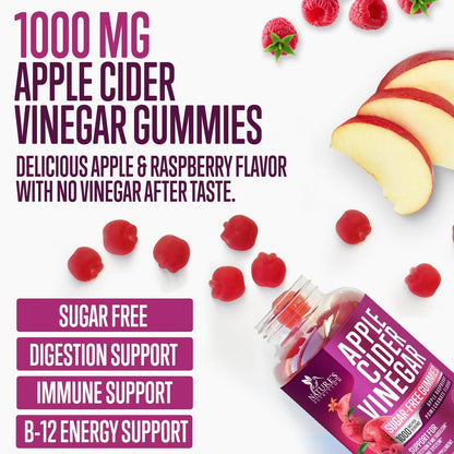 Apfelessig Gummibärchen 1000 mg pro Portion – Zuckerfreie ACV Gummis, max. Stärke, mit Vitamin B12 für Stoffwechsel & Energie, Keto-freundlich, vegan, 60 Gummis