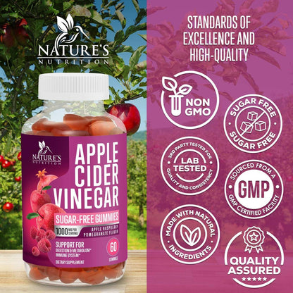 Apfelessig Gummibärchen 1000 mg pro Portion – Zuckerfreie ACV Gummis, max. Stärke, mit Vitamin B12 für Stoffwechsel & Energie, Keto-freundlich, vegan, 60 Gummis