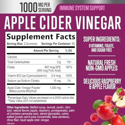 Apfelessig Gummibärchen 1000 mg pro Portion – Zuckerfreie ACV Gummis, max. Stärke, mit Vitamin B12 für Stoffwechsel & Energie, Keto-freundlich, vegan, 60 Gummis