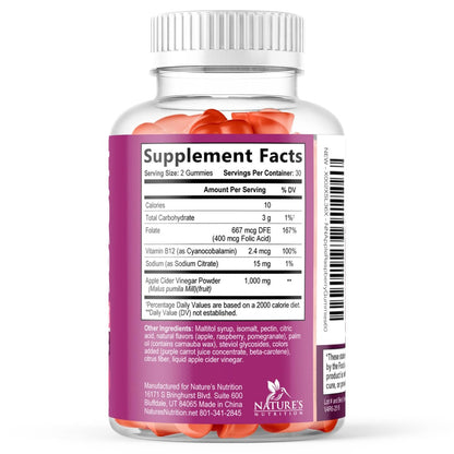 Apfelessig Gummibärchen 1000 mg pro Portion – Zuckerfreie ACV Gummis, max. Stärke, mit Vitamin B12 für Stoffwechsel & Energie, Keto-freundlich, vegan, 60 Gummis