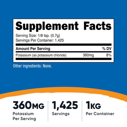 Nutricost Kaliumchlorid Pulver 1 kg – Glutenfrei, Nicht-GVO, Mineralstoffpräparat