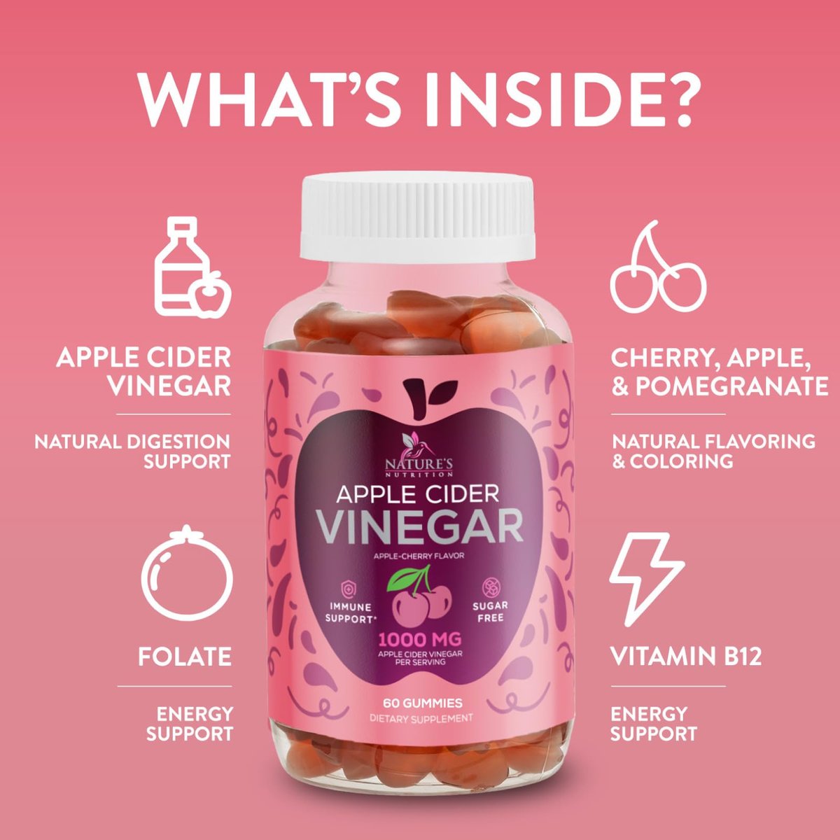 Apfelessig Gummibärchen 1000mg pro Portion - Zuckerfreie ACV Gummivitamine - Vitamin B12 & B6 für Energie - Verdauung, Entgiftung & Reinigung - Vegan, Glutenfrei, Nicht-GVO - 60 Gummibärchen