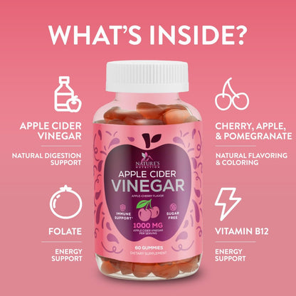 Apfelessig Gummibärchen 1000mg pro Portion - Zuckerfreie ACV Gummivitamine - Vitamin B12 & B6 für Energie - Verdauung, Entgiftung & Reinigung - Vegan, Glutenfrei, Nicht-GVO - 60 Gummibärchen