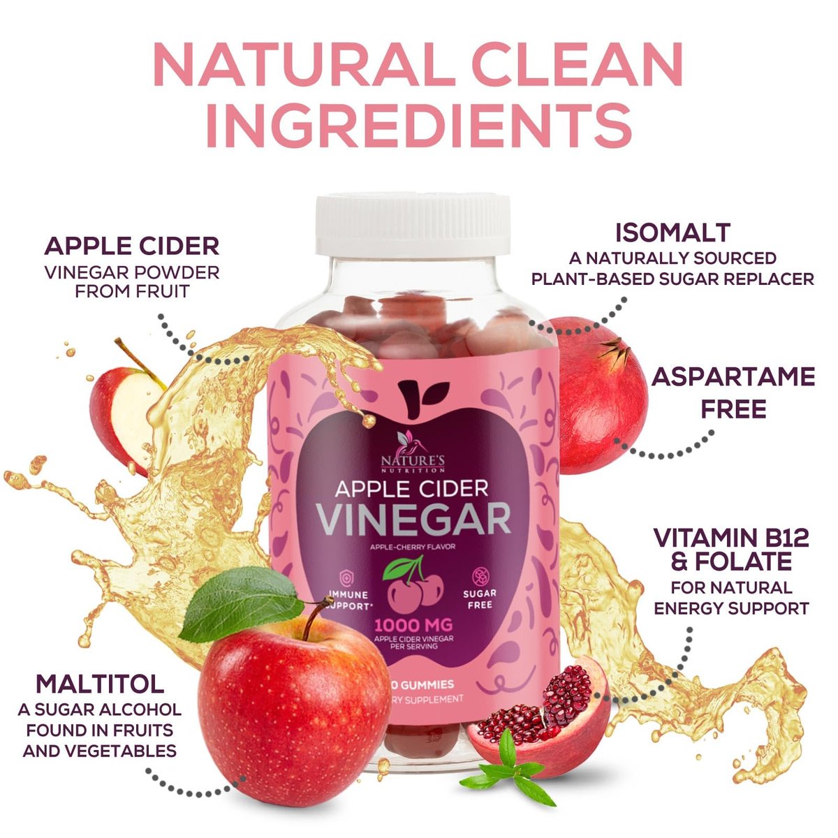 Apfelessig Gummibärchen 1000mg pro Portion - Zuckerfreie ACV Gummivitamine - Vitamin B12 & B6 für Energie - Verdauung, Entgiftung & Reinigung - Vegan, Glutenfrei, Nicht-GVO - 60 Gummibärchen