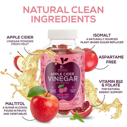Apfelessig Gummibärchen 1000mg pro Portion - Zuckerfreie ACV Gummivitamine - Vitamin B12 & B6 für Energie - Verdauung, Entgiftung & Reinigung - Vegan, Glutenfrei, Nicht-GVO - 60 Gummibärchen