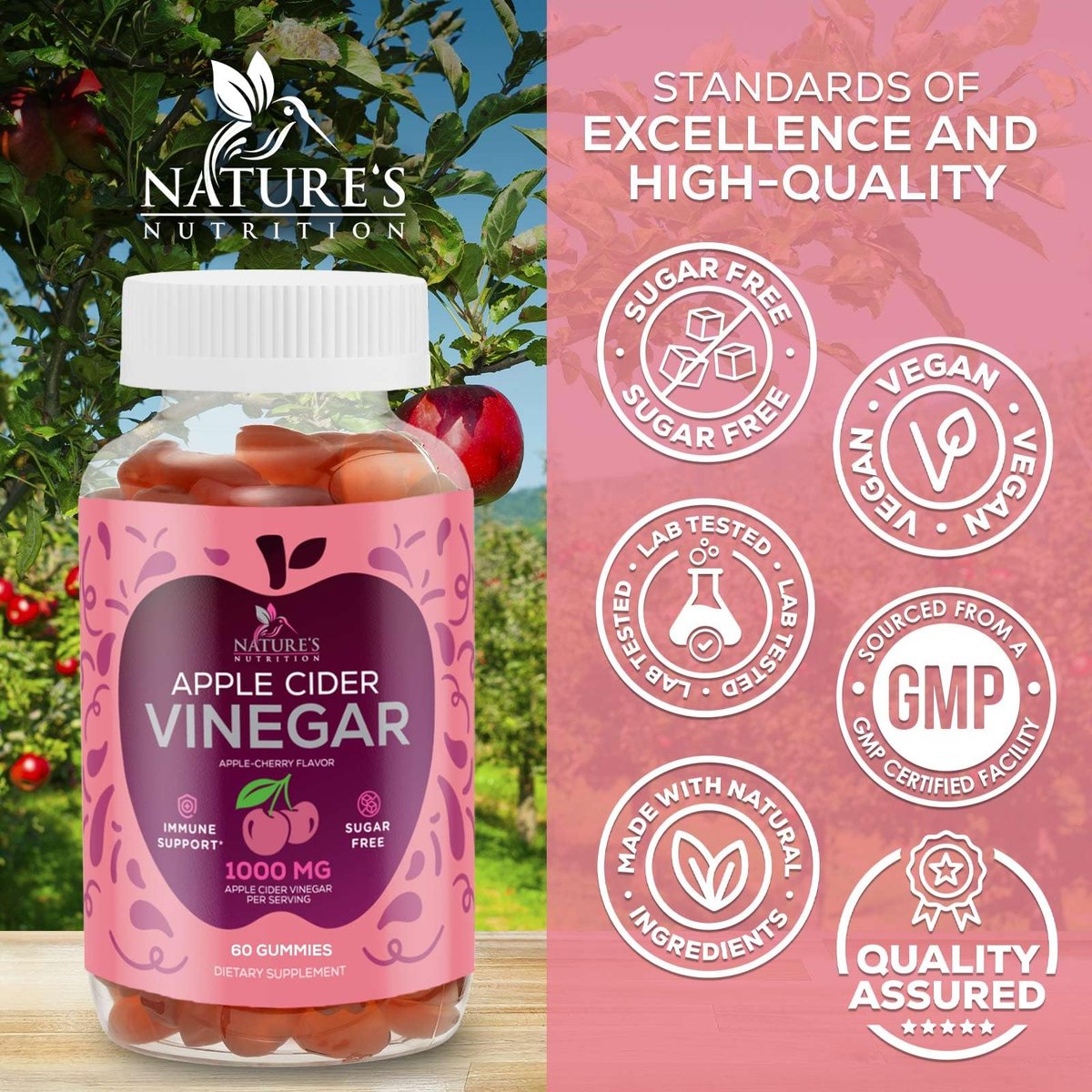 Apfelessig Gummibärchen 1000mg pro Portion - Zuckerfreie ACV Gummivitamine - Vitamin B12 & B6 für Energie - Verdauung, Entgiftung & Reinigung - Vegan, Glutenfrei, Nicht-GVO - 60 Gummibärchen