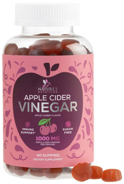 Apfelessig Gummibärchen 1000mg pro Portion - Zuckerfreie ACV Gummivitamine - Vitamin B12 & B6 für Energie - Verdauung, Entgiftung & Reinigung - Vegan, Glutenfrei, Nicht-GVO - 60 Gummibärchen