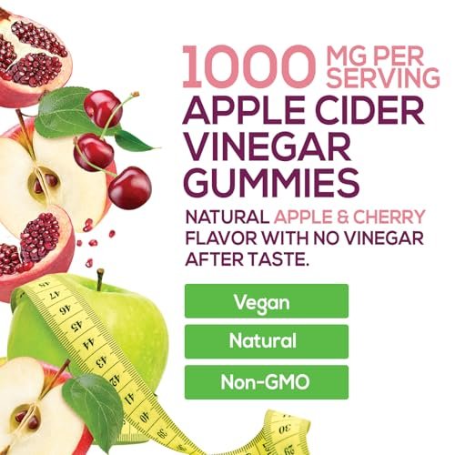 Apfelessig Gummibärchen 1000mg pro Portion - Zuckerfreie ACV Gummivitamine - Vitamin B12 & B6 für Energie - Verdauung, Entgiftung & Reinigung - Vegan, Glutenfrei, Nicht-GVO - 60 Gummibärchen