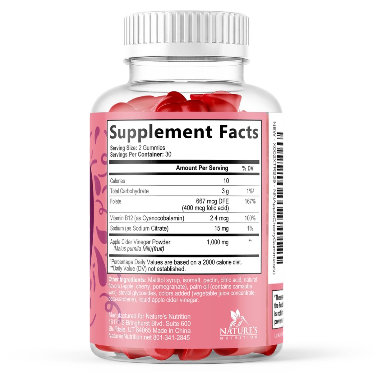 Apfelessig Gummibärchen 1000mg pro Portion - Zuckerfreie ACV Gummivitamine - Vitamin B12 & B6 für Energie - Verdauung, Entgiftung & Reinigung - Vegan, Glutenfrei, Nicht-GVO - 60 Gummibärchen