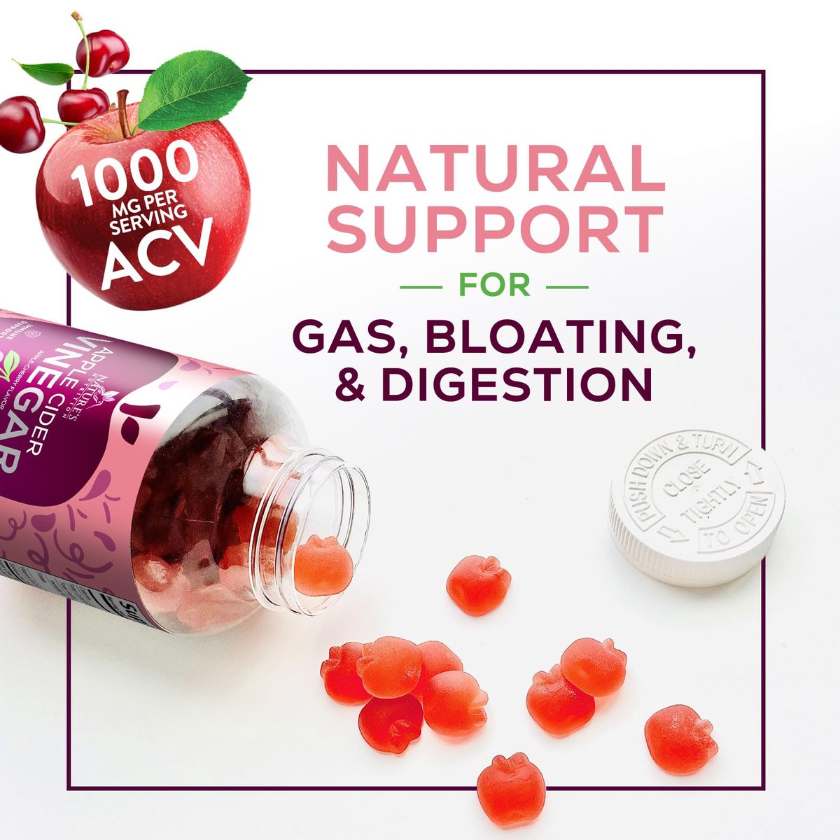 Apfelessig Gummibärchen 1000mg pro Portion - Zuckerfreie ACV Gummivitamine - Vitamin B12 & B6 für Energie - Verdauung, Entgiftung & Reinigung - Vegan, Glutenfrei, Nicht-GVO - 60 Gummibärchen