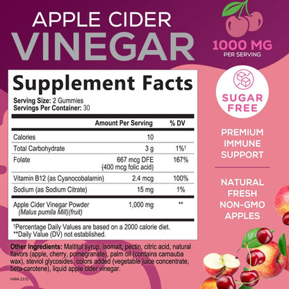 Apfelessig Gummibärchen 1000mg pro Portion - Zuckerfreie ACV Gummivitamine - Vitamin B12 & B6 für Energie - Verdauung, Entgiftung & Reinigung - Vegan, Glutenfrei, Nicht-GVO - 60 Gummibärchen