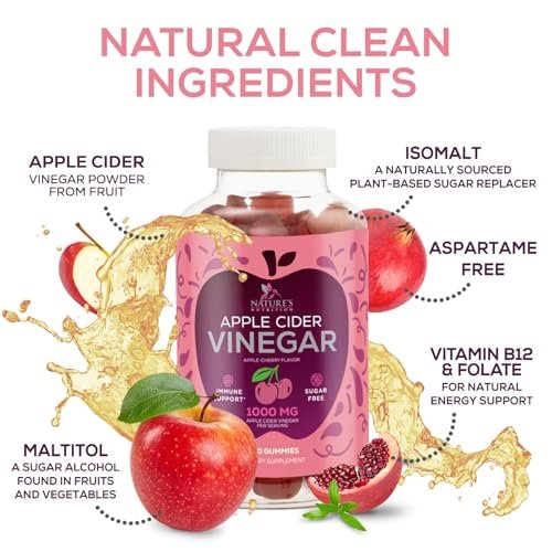 Apfelessig Gummibärchen 1000mg pro Portion - Zuckerfreie ACV Gummivitamine - Vitamin B12 & B6 für Energie - Verdauung, Entgiftung & Reinigung - Vegan, Glutenfrei, Nicht-GVO - 60 Gummibärchen