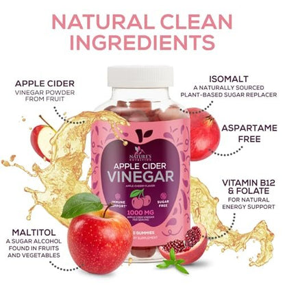 Apfelessig Gummibärchen 1000mg pro Portion - Zuckerfreie ACV Gummivitamine - Vitamin B12 & B6 für Energie - Verdauung, Entgiftung & Reinigung - Vegan, Glutenfrei, Nicht-GVO - 60 Gummibärchen