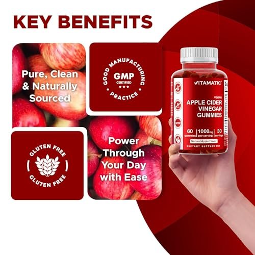 Vitamatic Apfelessig Gummis – 1000 mg pro Portion – 60 vegane Gummis – ACV Gummis für Entgiftung, Gewichtsverlust, Energie, Verdauung & Darmgesundheit