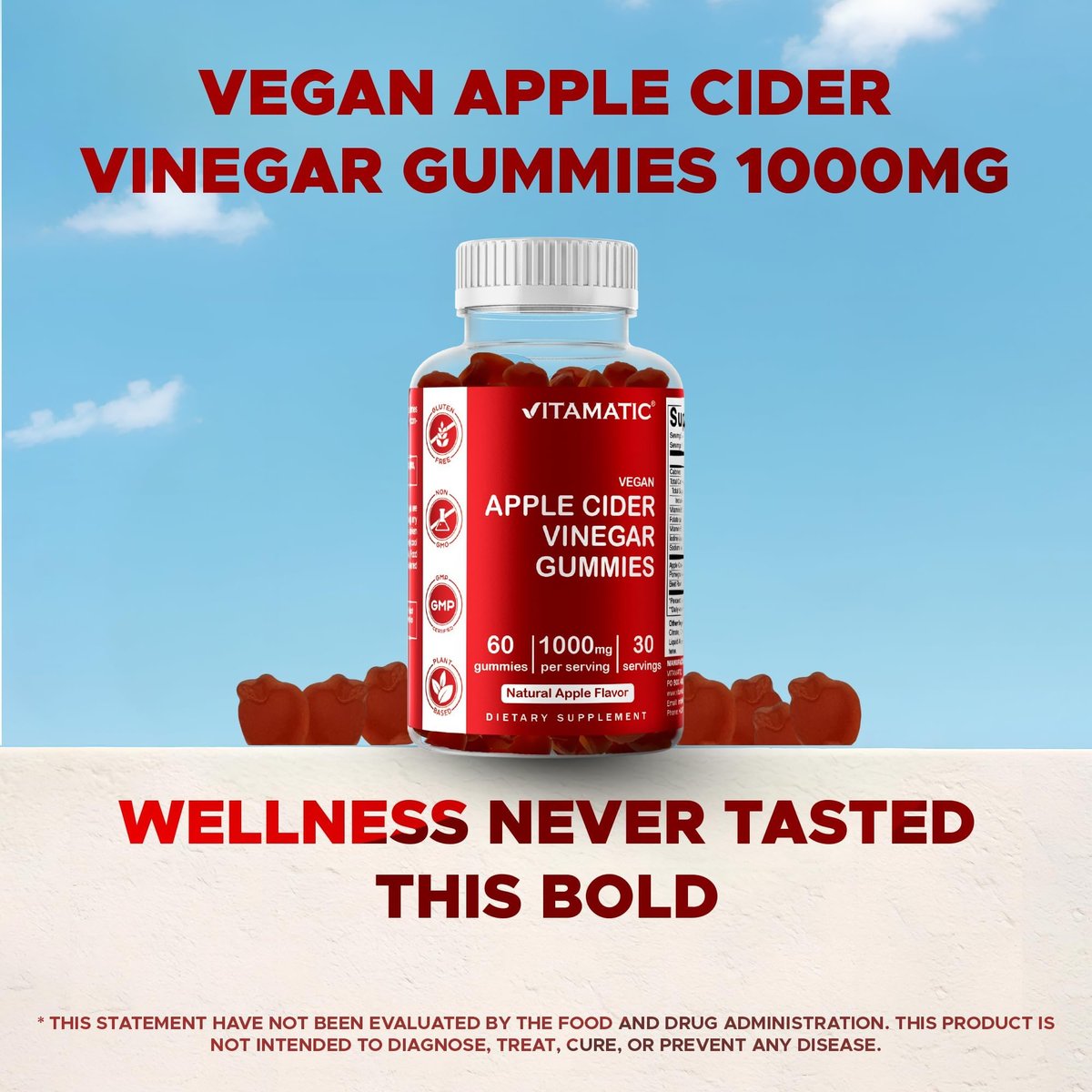 Vitamatic Apfelessig Gummis – 1000 mg pro Portion – 60 vegane Gummis – ACV Gummis für Entgiftung, Gewichtsverlust, Energie, Verdauung & Darmgesundheit