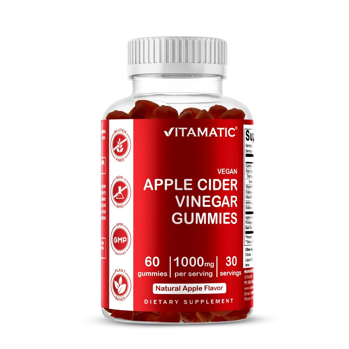 Vitamatic Apfelessig Gummis – 1000 mg pro Portion – 60 vegane Gummis – ACV Gummis für Entgiftung, Gewichtsverlust, Energie, Verdauung & Darmgesundheit