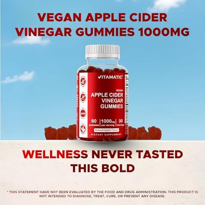 Vitamatic Apfelessig Gummis – 1000 mg pro Portion – 60 vegane Gummis – ACV Gummis für Entgiftung, Gewichtsverlust, Energie, Verdauung & Darmgesundheit