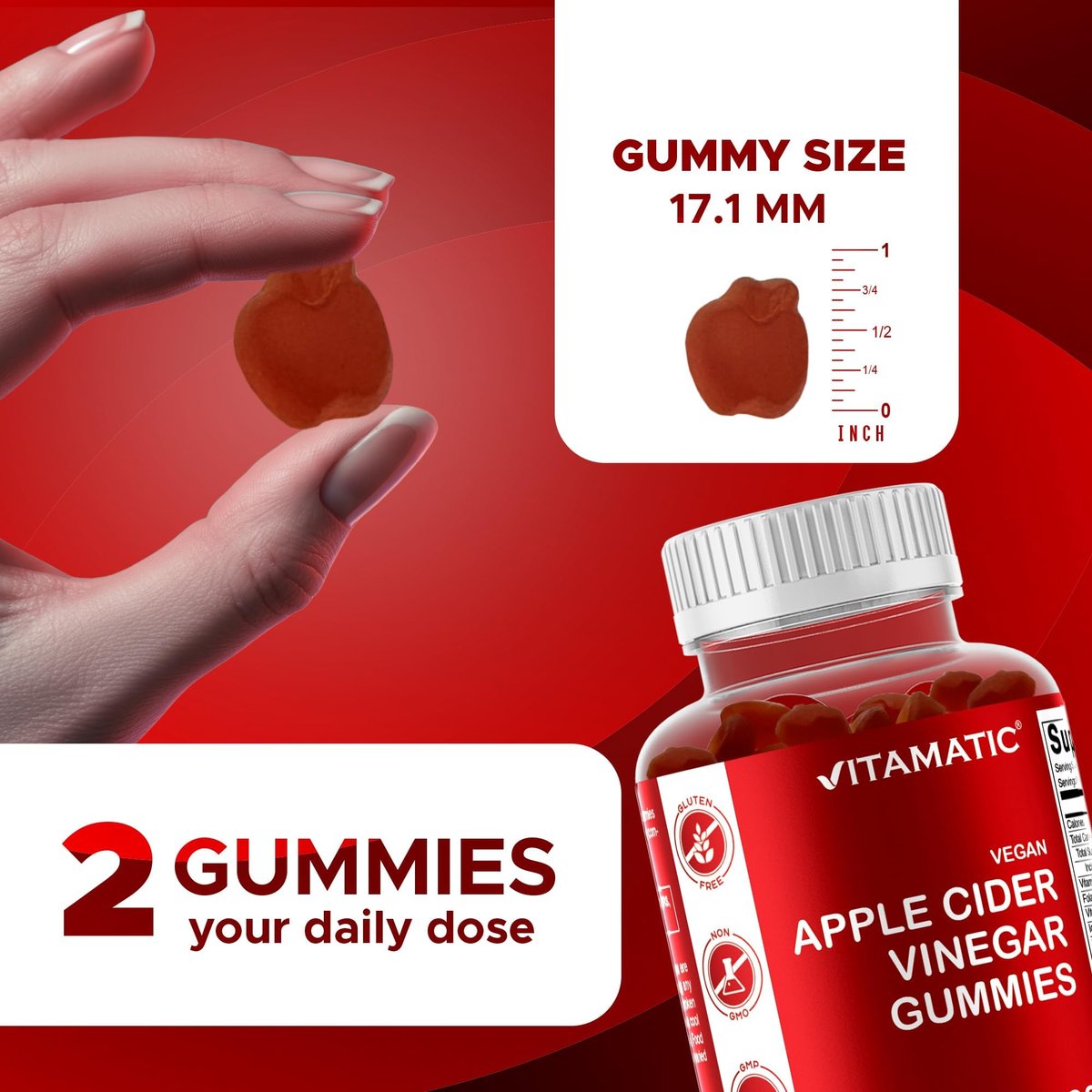 Vitamatic Apfelessig Gummis – 1000 mg pro Portion – 60 vegane Gummis – ACV Gummis für Entgiftung, Gewichtsverlust, Energie, Verdauung & Darmgesundheit
