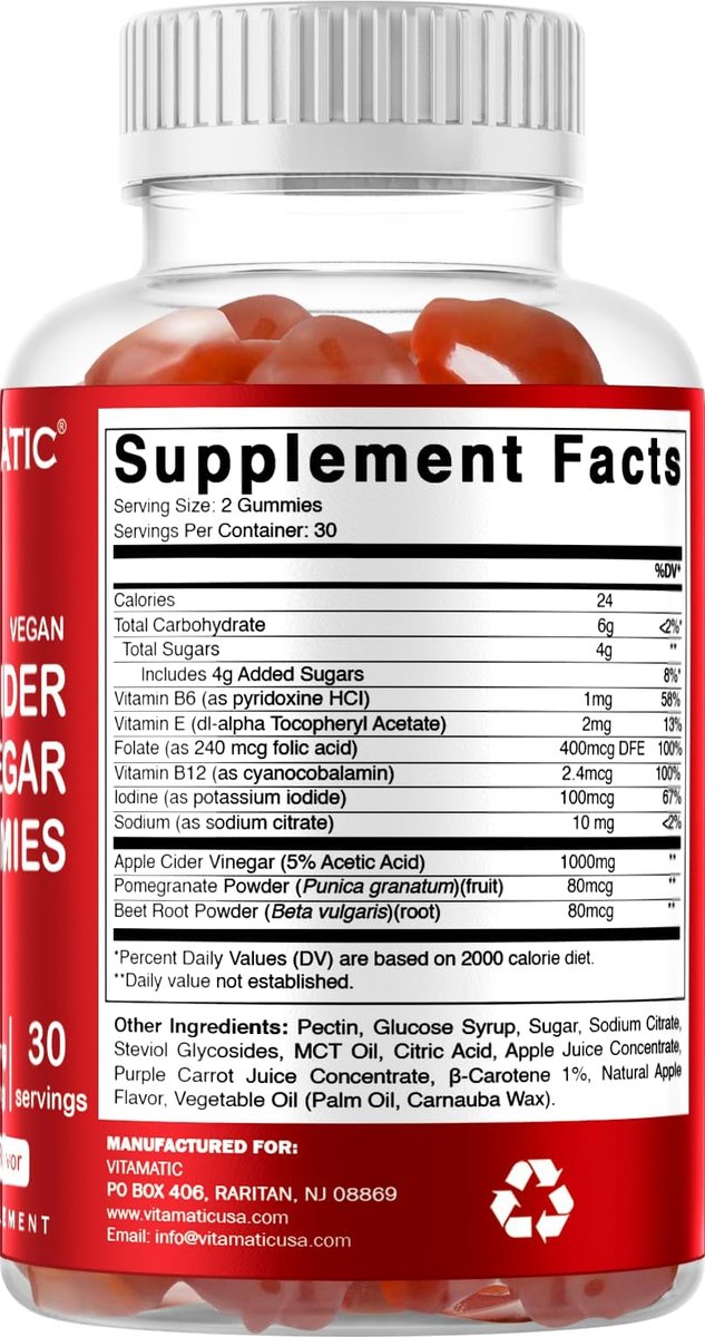 Vitamatic Apfelessig Gummis – 1000 mg pro Portion – 60 vegane Gummis – ACV Gummis für Entgiftung, Gewichtsverlust, Energie, Verdauung & Darmgesundheit
