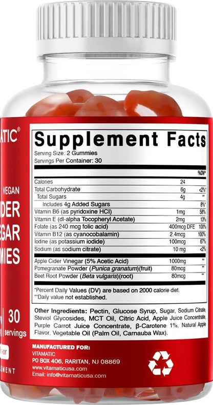 Vitamatic Apfelessig Gummis – 1000 mg pro Portion – 60 vegane Gummis – ACV Gummis für Entgiftung, Gewichtsverlust, Energie, Verdauung & Darmgesundheit
